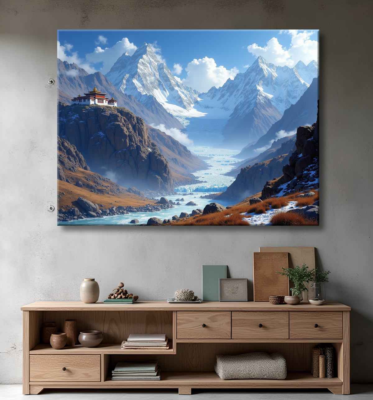 Tableau temple tibétain au pied des montagnes de l’Himalaya avec decor