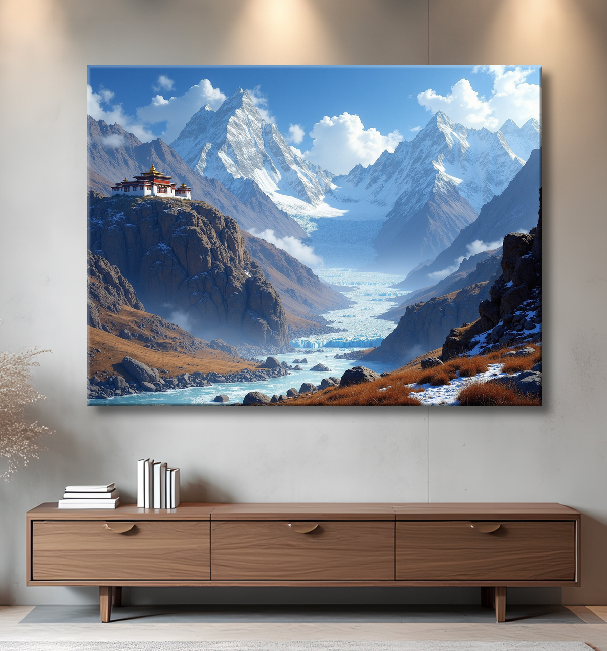 Tableau temple tibétain au pied des montagnes de l’Himalaya avec decor