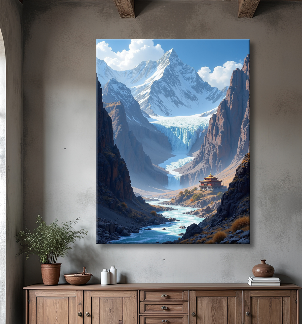Tableau temple tibétain au pied des montagnes de l’Himalaya avec decor