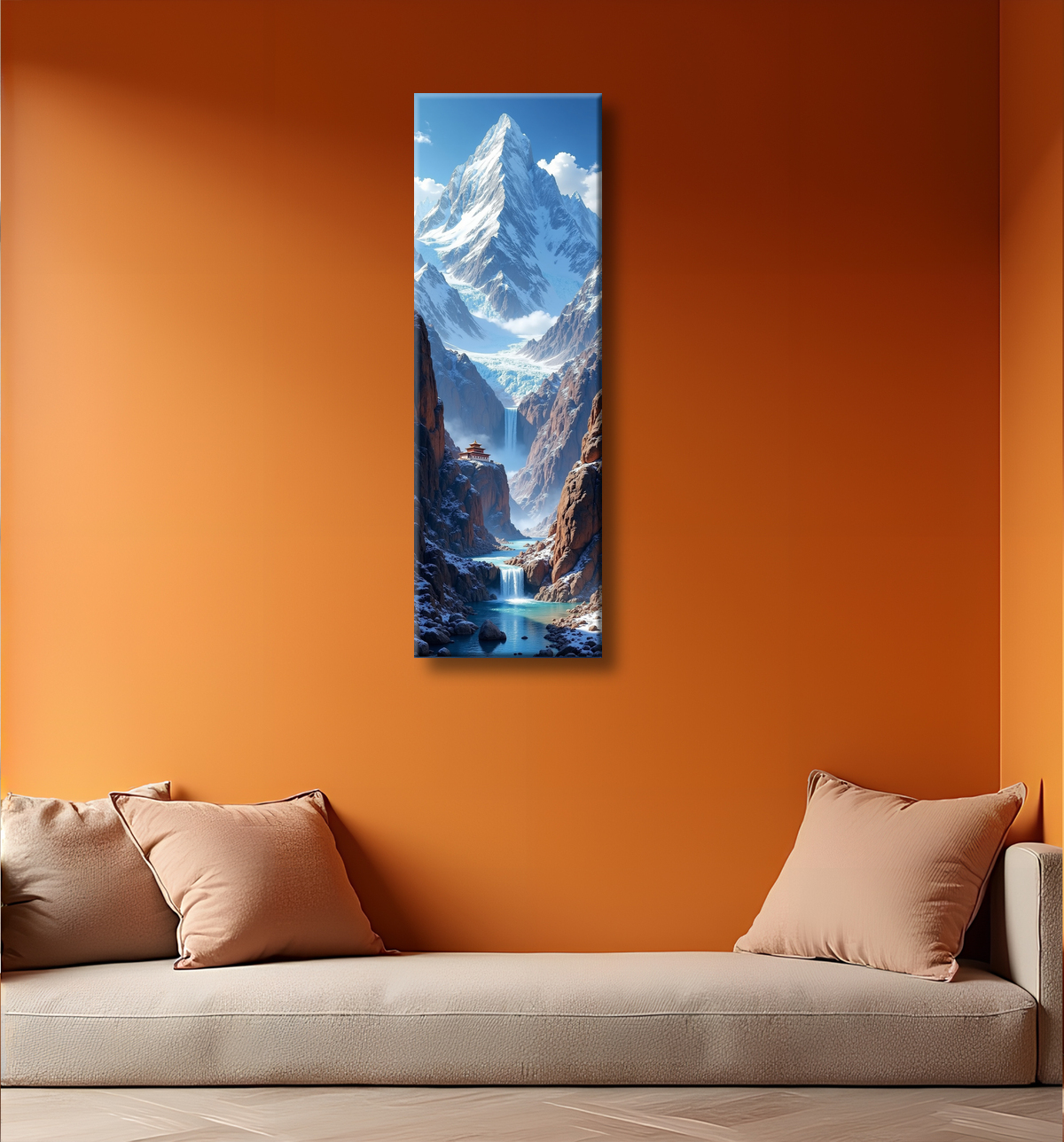 Tableau temple tibétain au pied des montagnes de l’Himalaya avec decor