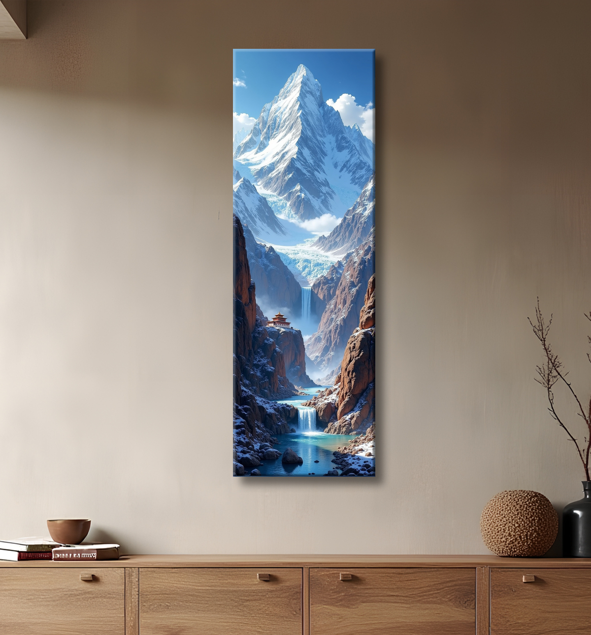 Tableau temple tibétain au pied des montagnes de l’Himalaya avec decor