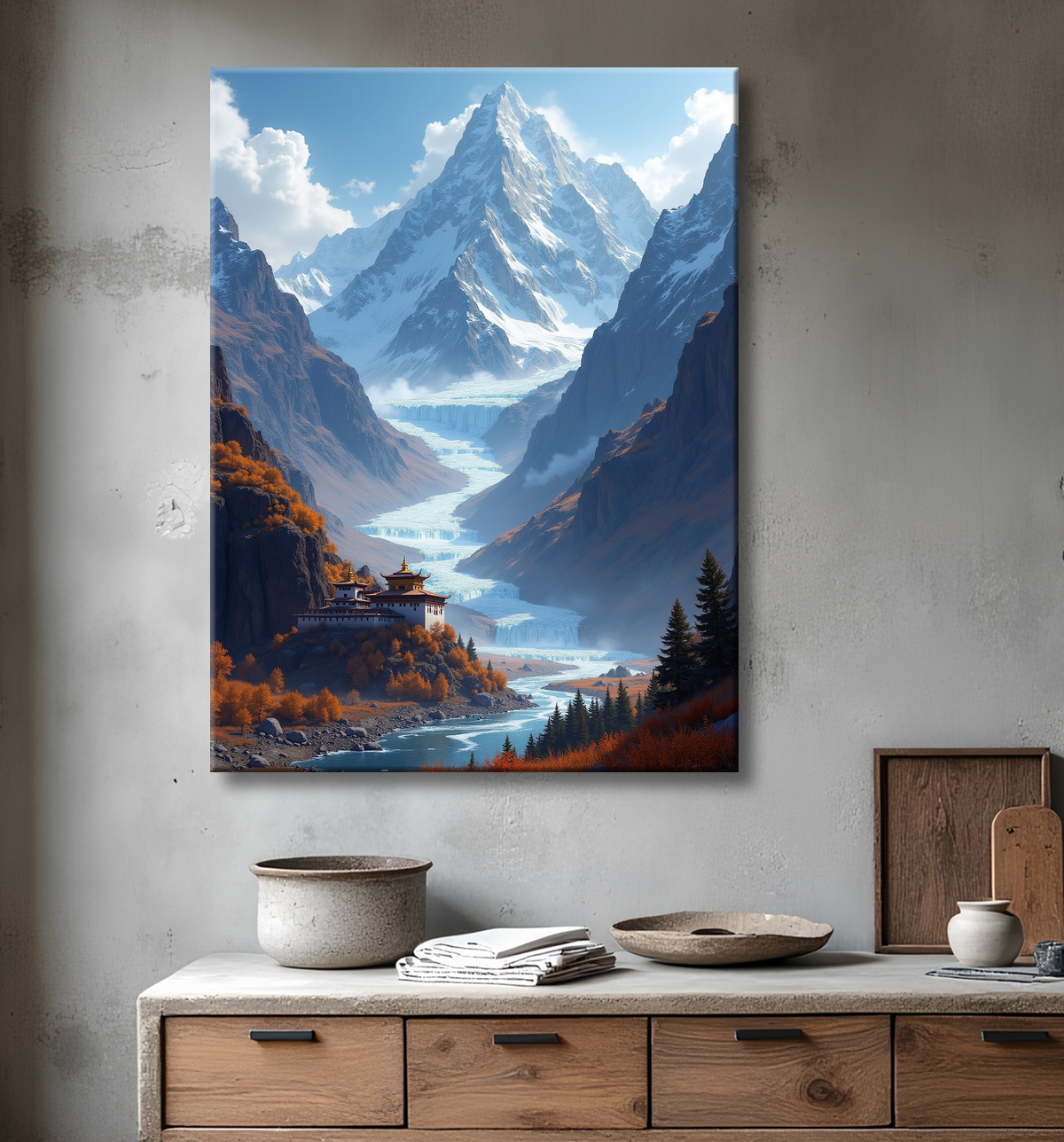 Tableau temple tibétain au pied des montagnes de l’Himalaya avec decor