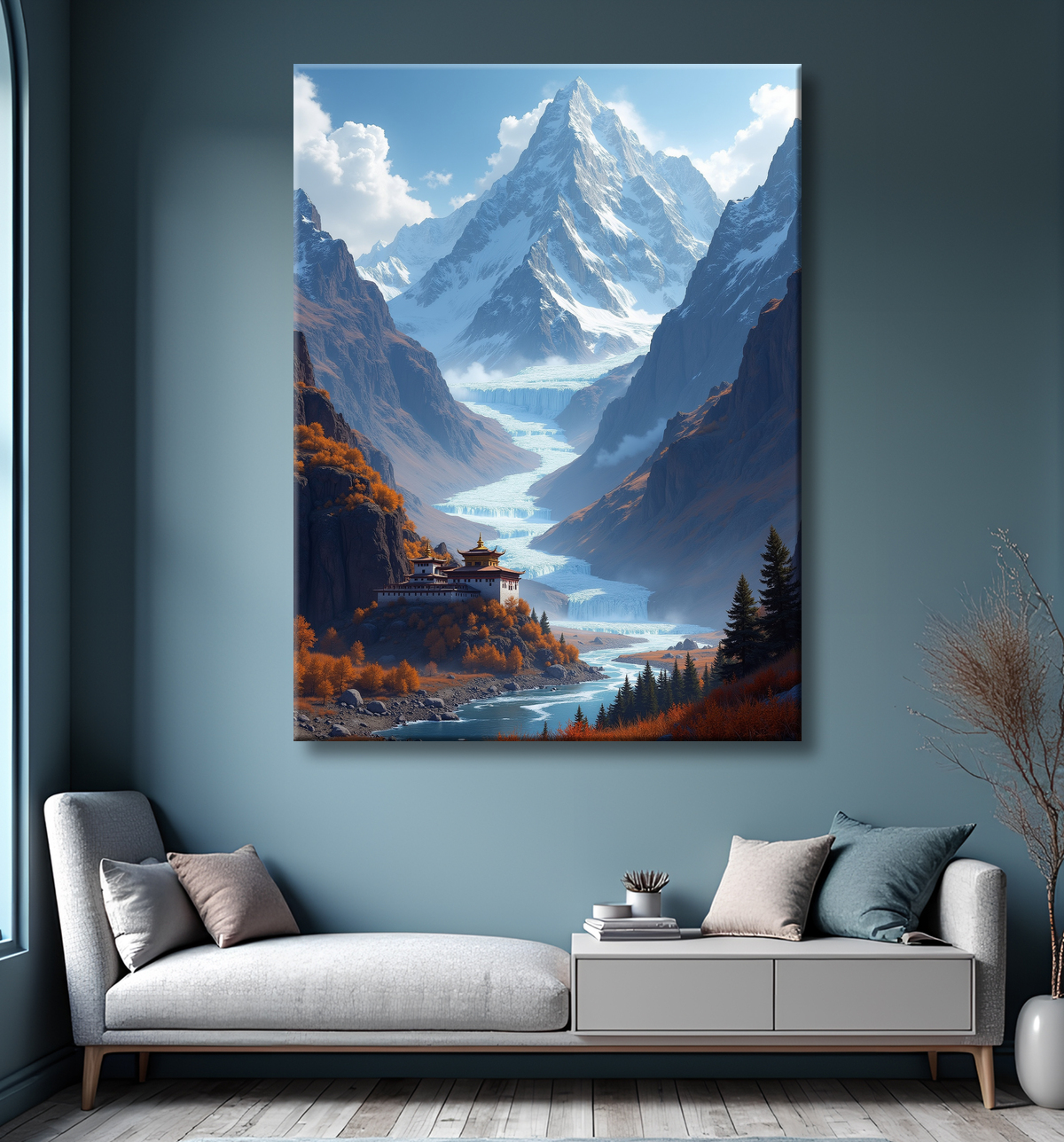 Tableau temple tibétain au pied des montagnes de l’Himalaya avec decor