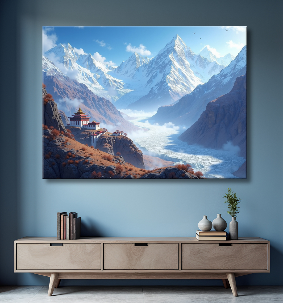 Tableau temple tibétain au pied des montagnes de l’Himalaya avec decor