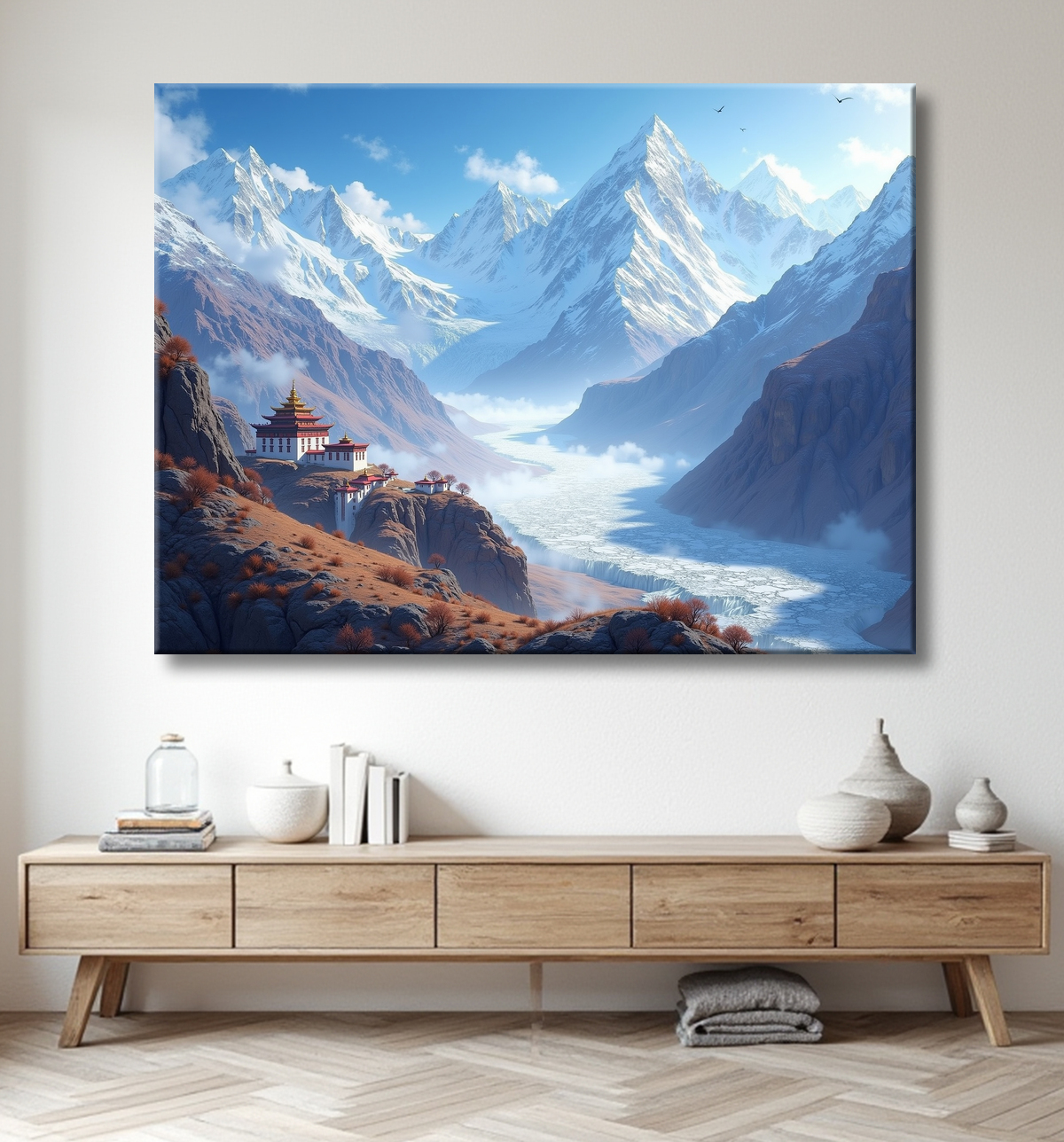 Tableau temple tibétain au pied des montagnes de l’Himalaya avec decor