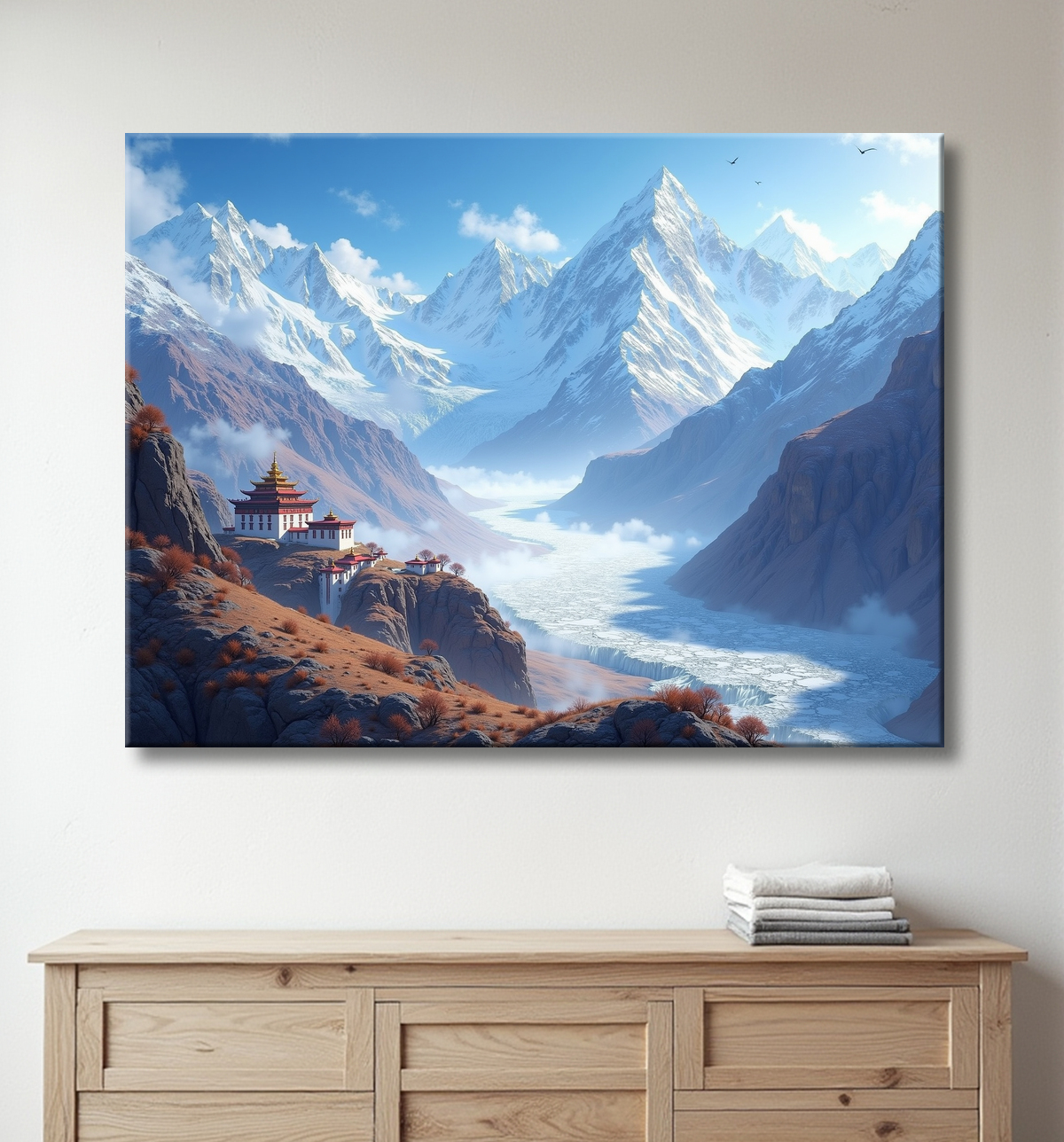 Tableau temple tibétain au pied des montagnes de l’Himalaya avec decor