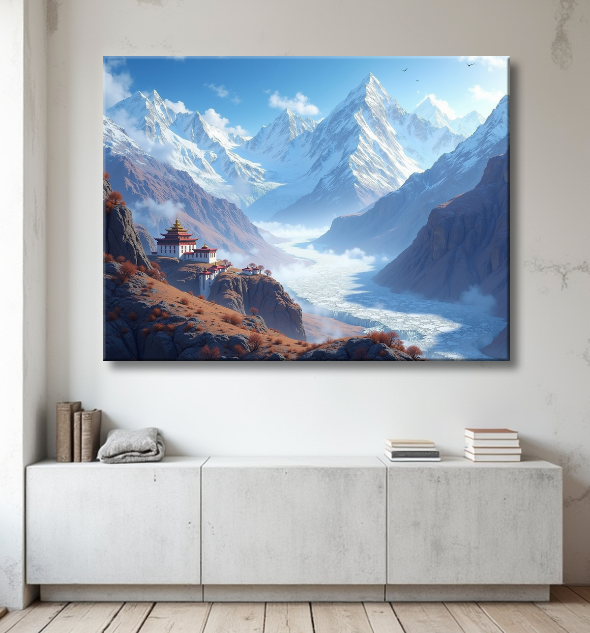 Tableau temple tibétain au pied des montagnes de l’Himalaya avec decor
