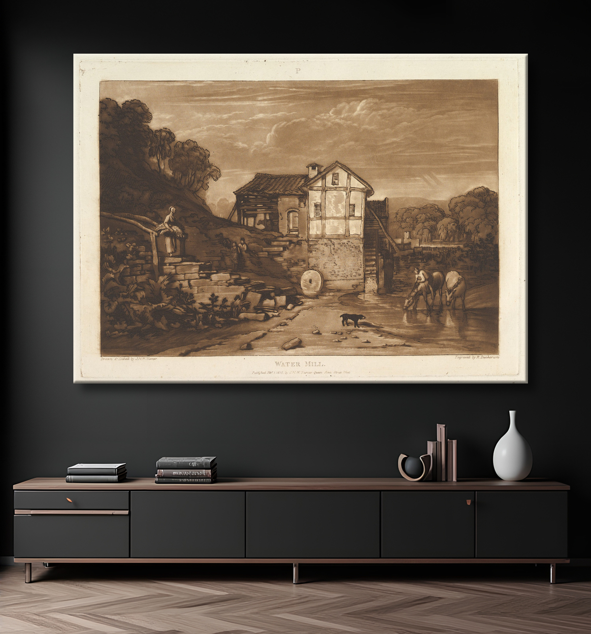 Reproduction Moulin à eau (Le livre d'études, partie 8, planche 37) de Joseph Mallord William Turner avec decor