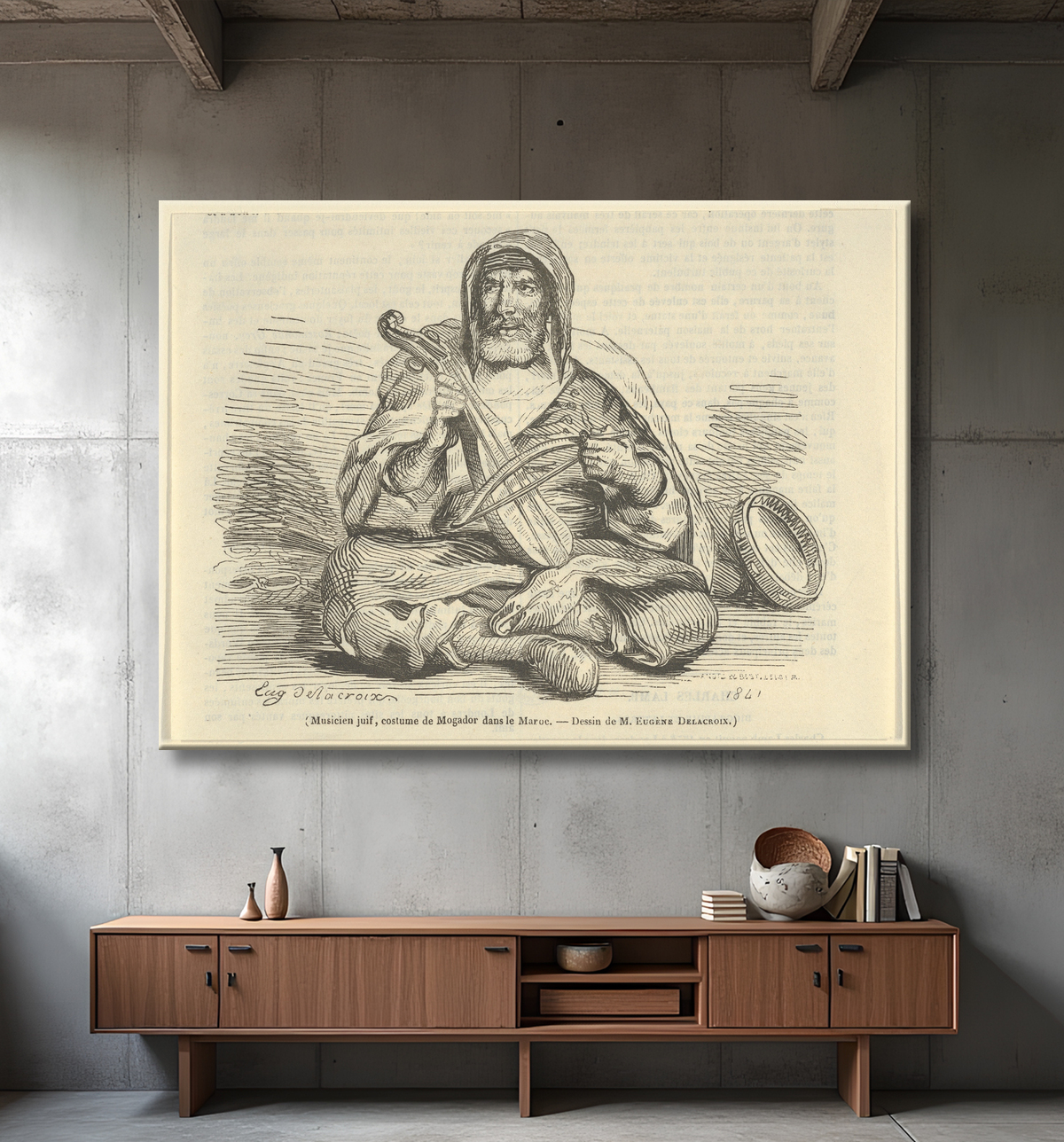 Reproduction Musicien juif en costume de Mogador, Maroc, de "Le Magasin Pittoresque" de Eugène Delacroix avec decor