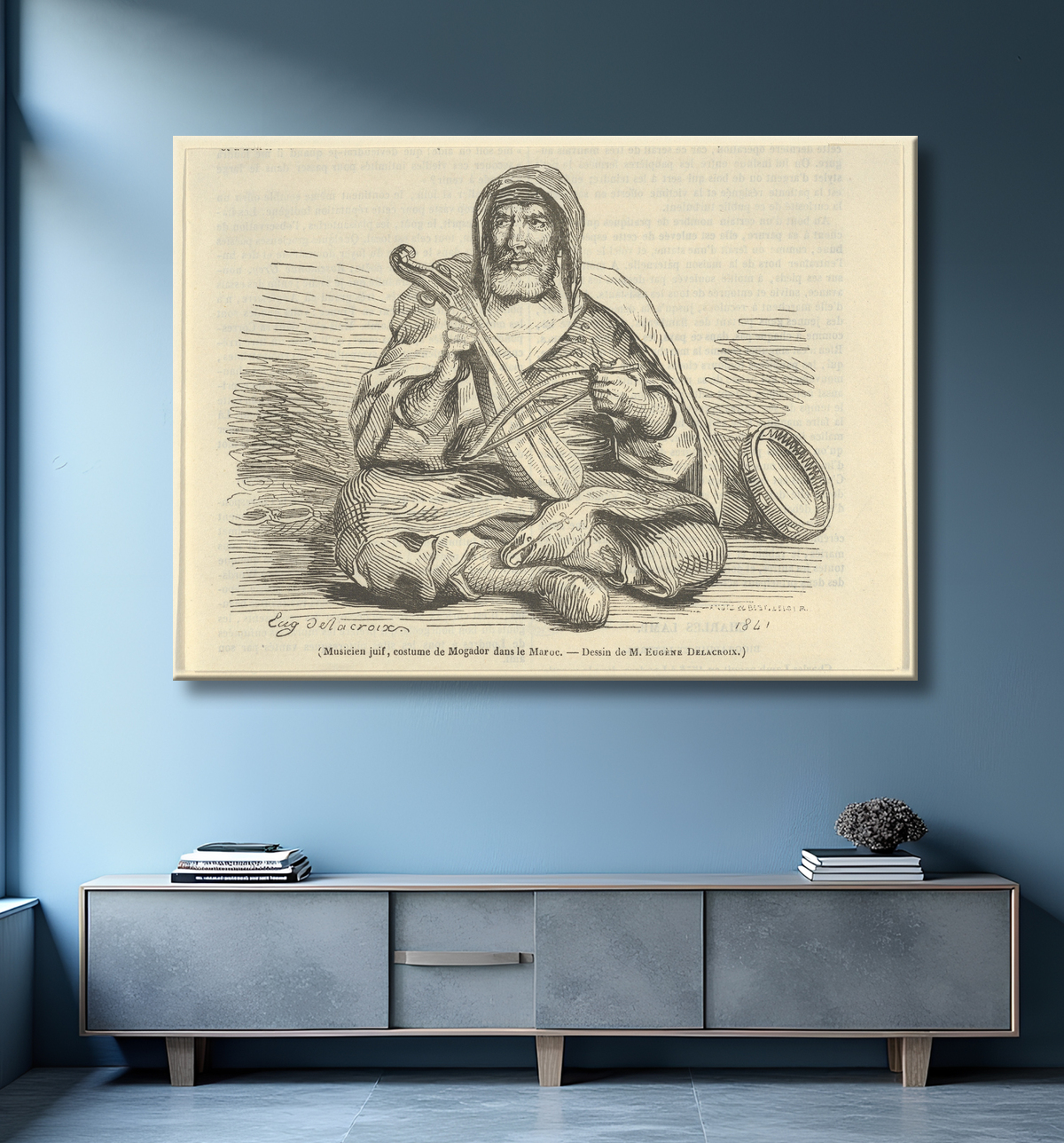 Reproduction Musicien juif en costume de Mogador, Maroc, de "Le Magasin Pittoresque" de Eugène Delacroix avec decor