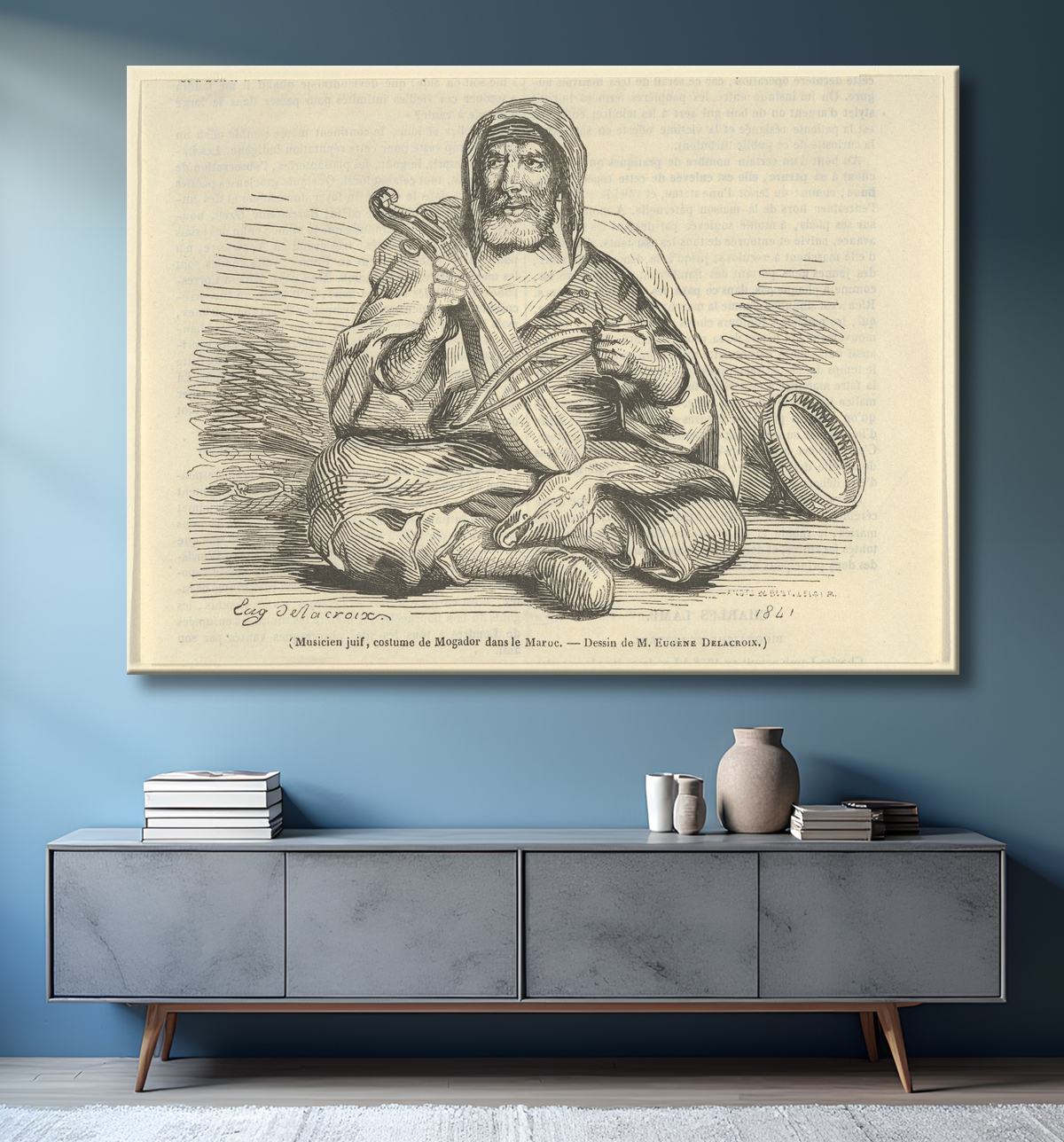 Reproduction Musicien juif en costume de Mogador, Maroc, de "Le Magasin Pittoresque" de Eugène Delacroix avec decor