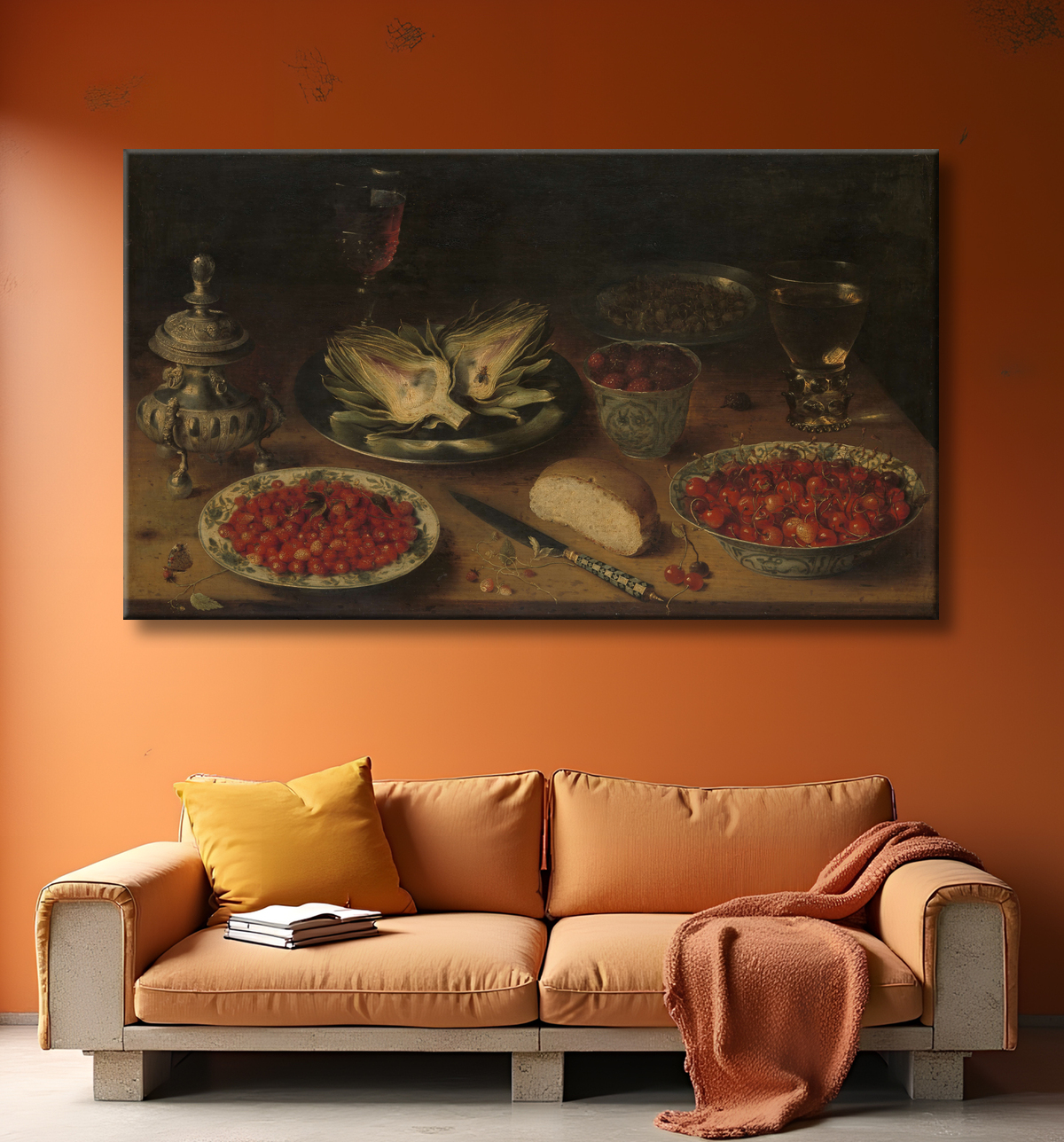 Reproduction Nature morte à l'artichaut, fruits en porcelaine de Kraak, salière/roulette à poivre de Osias Beert (I) avec decor