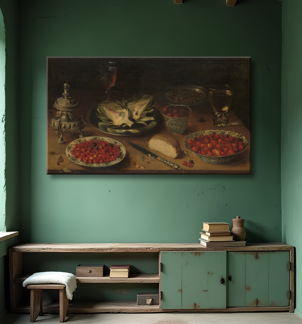 Reproduction Nature morte à l'artichaut, fruits en porcelaine de Kraak, salière/roulette à poivre de Osias Beert (I) avec decor