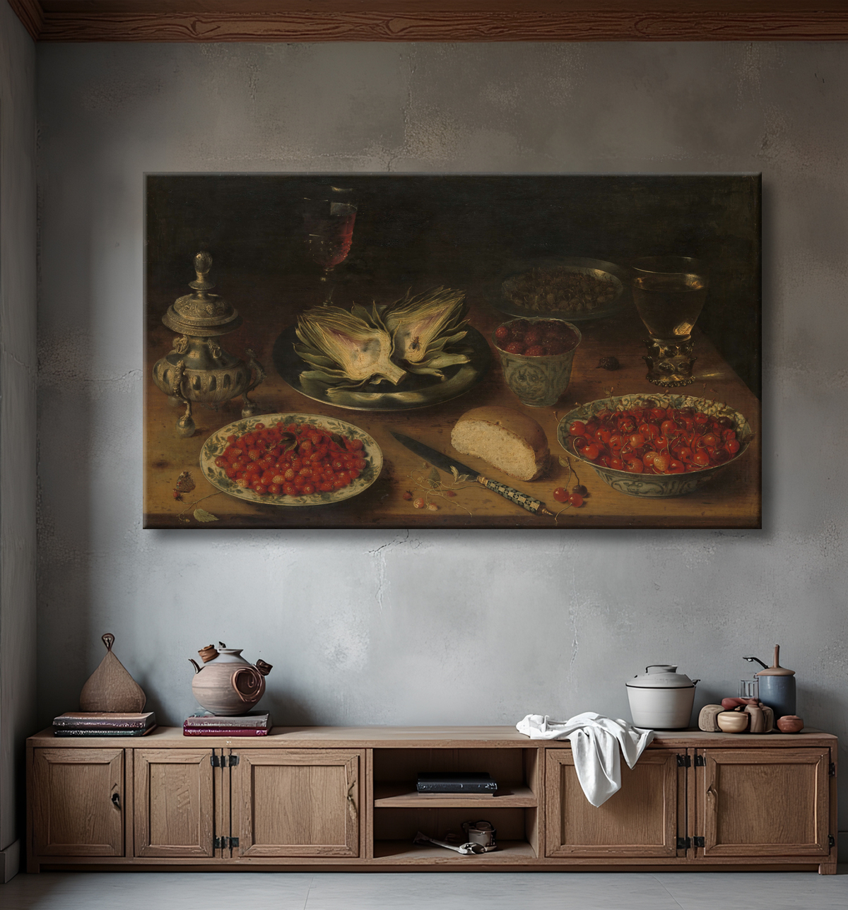 Reproduction Nature morte à l'artichaut, fruits en porcelaine de Kraak, salière/roulette à poivre de Osias Beert (I) avec decor