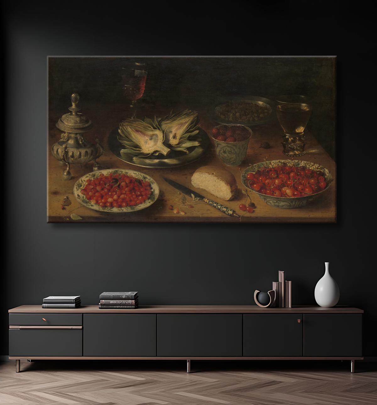 Reproduction Nature morte à l'artichaut, fruits en porcelaine de Kraak, salière/roulette à poivre de Osias Beert (I) avec decor