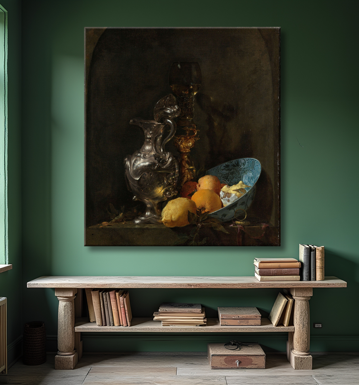 Reproduction Nature morte à la cruche en argent et au bol en porcelaine de Willem Kalf avec decor