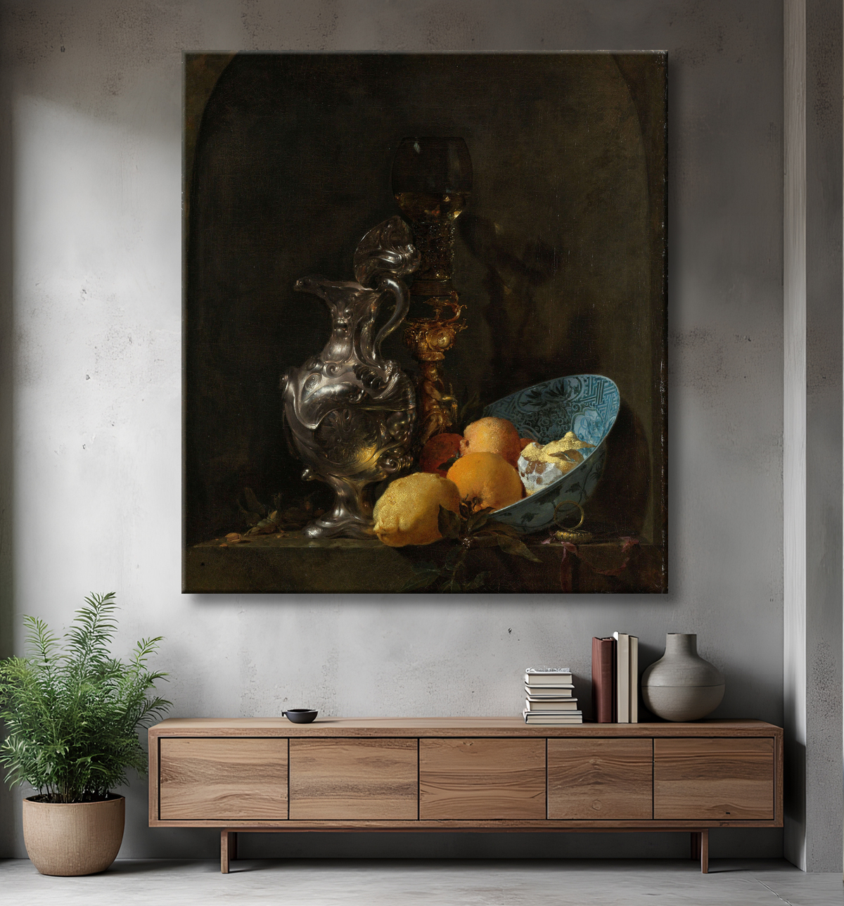Reproduction Nature morte à la cruche en argent et au bol en porcelaine de Willem Kalf avec decor