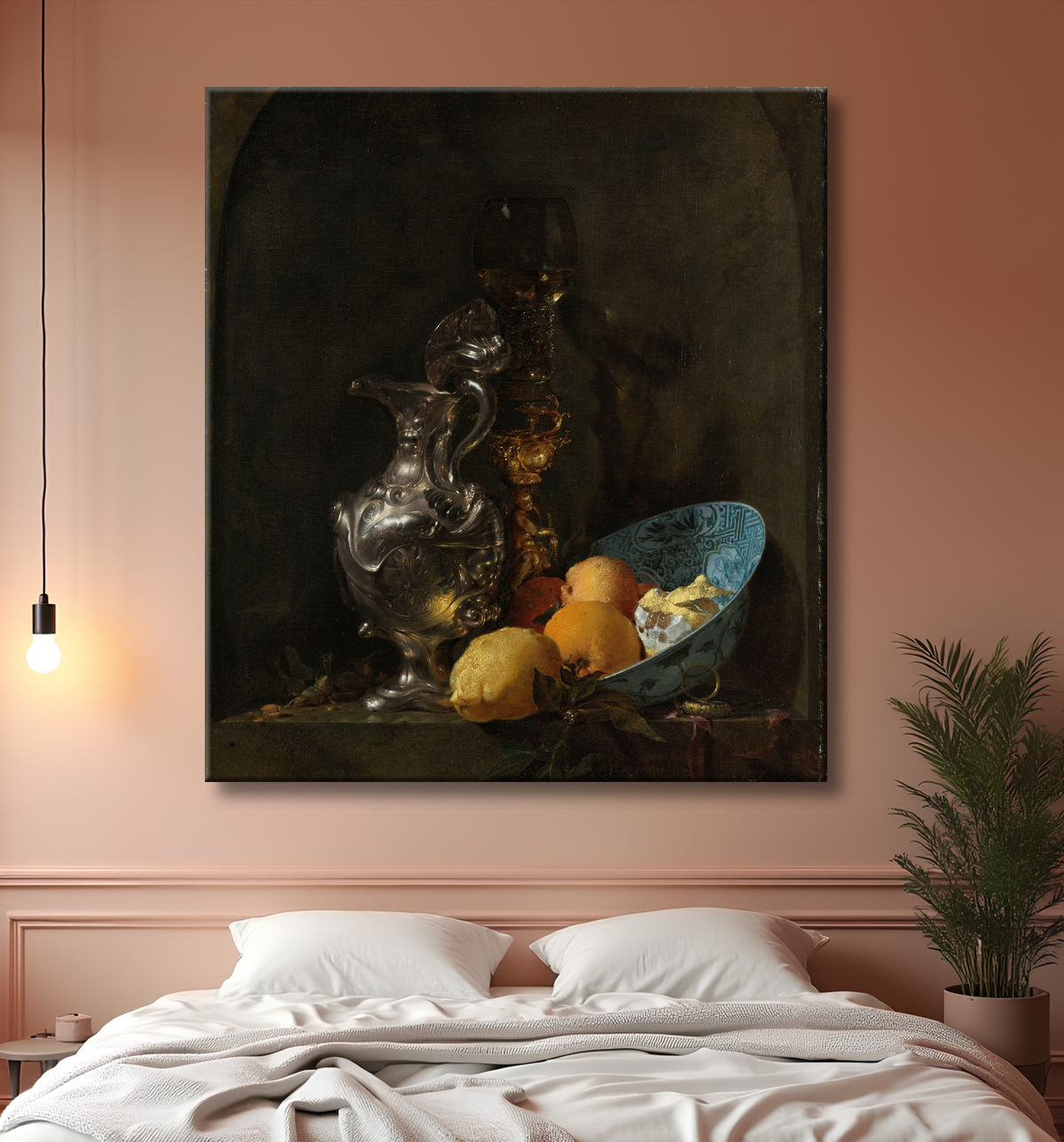 Reproduction Nature morte à la cruche en argent et au bol en porcelaine de Willem Kalf avec decor