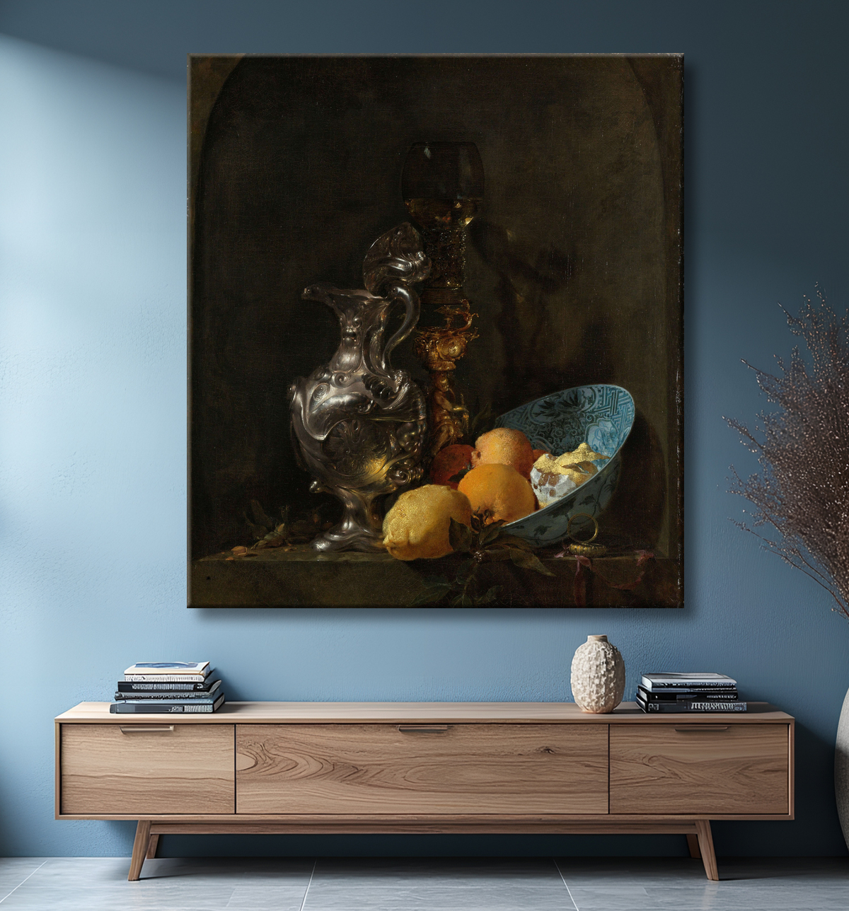Reproduction Nature morte à la cruche en argent et au bol en porcelaine de Willem Kalf avec decor