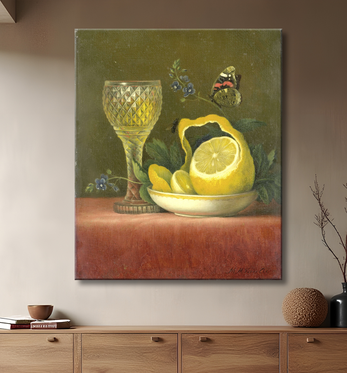 Reproduction Nature morte au citron et verre taillé de Maria Margaretha van Os avec decor
