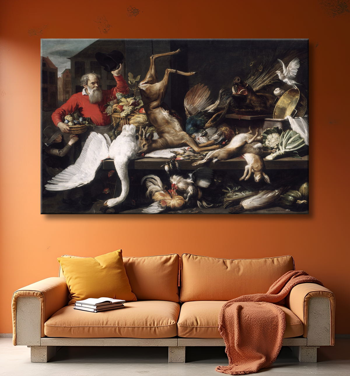 Reproduction Nature morte au gibier mort, fruits et légumes dans un marché de Frans Snyders avec decor