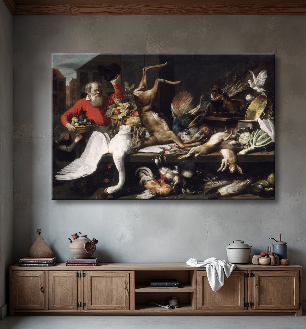 Reproduction Nature morte au gibier mort, fruits et légumes dans un marché de Frans Snyders avec decor
