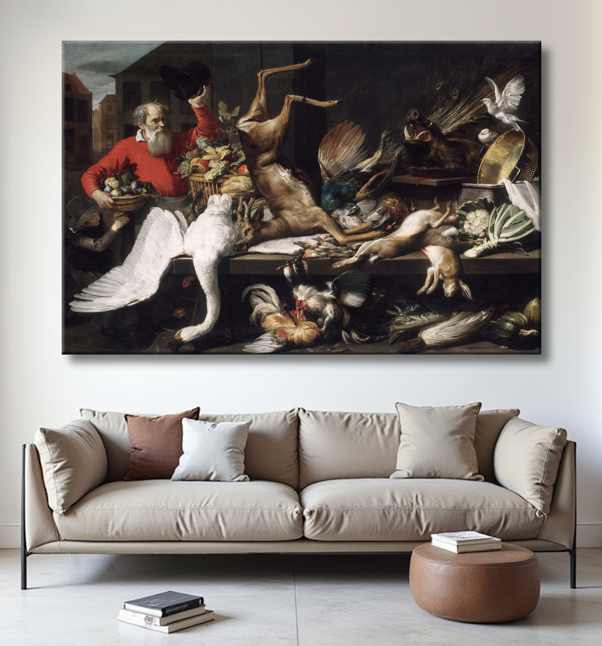 Reproduction Nature morte au gibier mort, fruits et légumes dans un marché de Frans Snyders avec decor