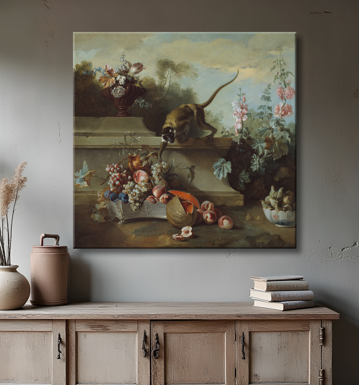 Reproduction Nature morte au singe, aux fruits et aux fleurs de Jean-Baptiste Oudry avec decor