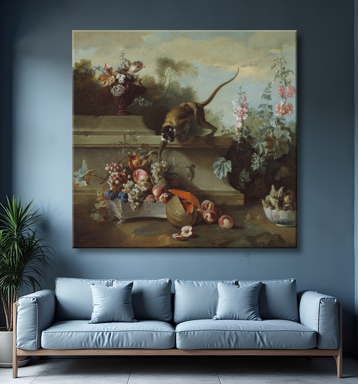 Reproduction Nature morte au singe, aux fruits et aux fleurs de Jean-Baptiste Oudry avec decor