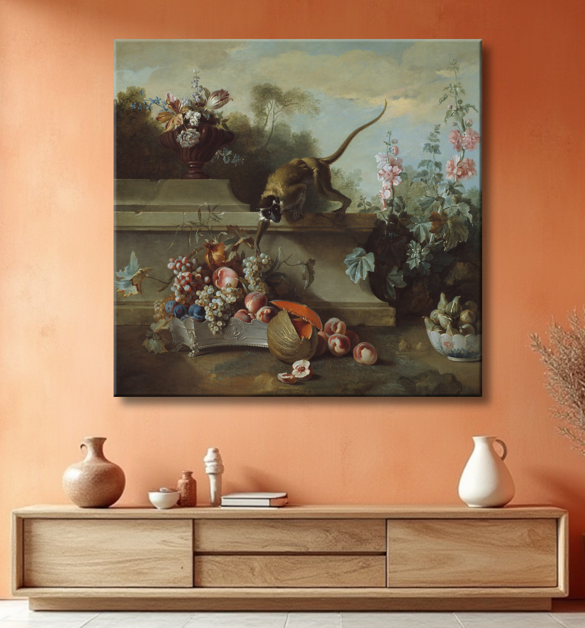 Reproduction Nature morte au singe, aux fruits et aux fleurs de Jean-Baptiste Oudry avec decor
