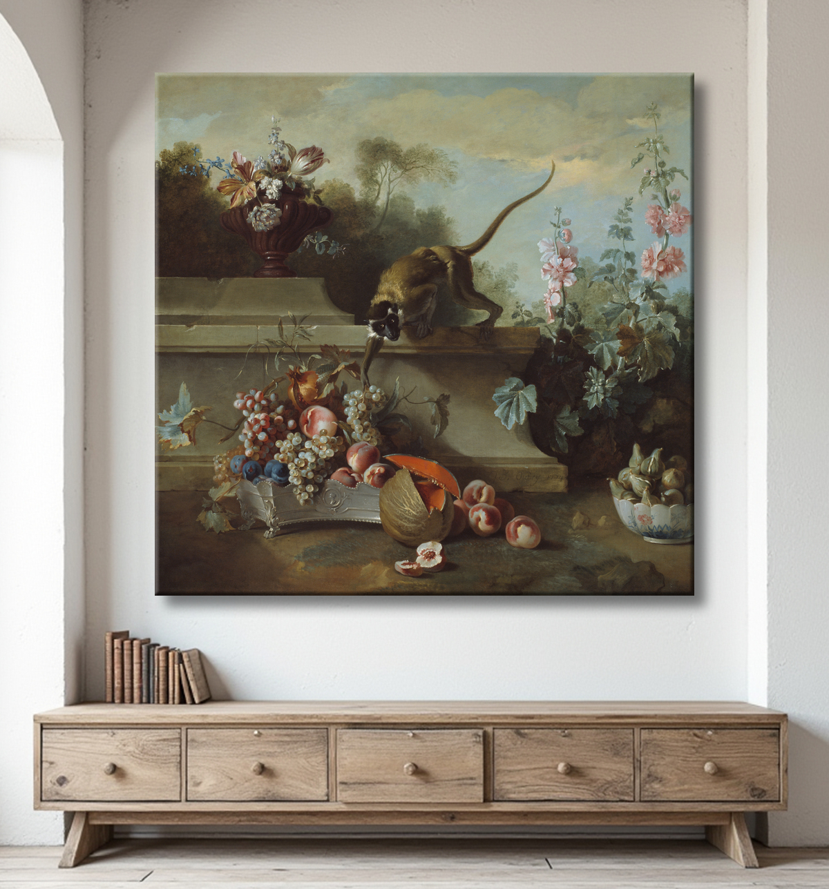 Reproduction Nature morte au singe, aux fruits et aux fleurs de Jean-Baptiste Oudry avec decor