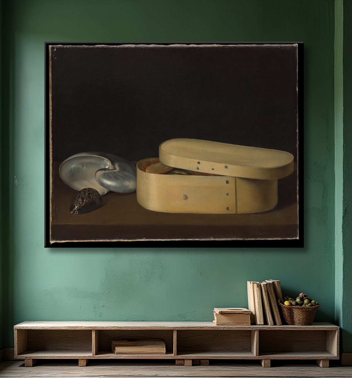 Reproduction Nature morte aux coquillages et boîte en copeaux de bois de Sebastian Stoskopff avec decor