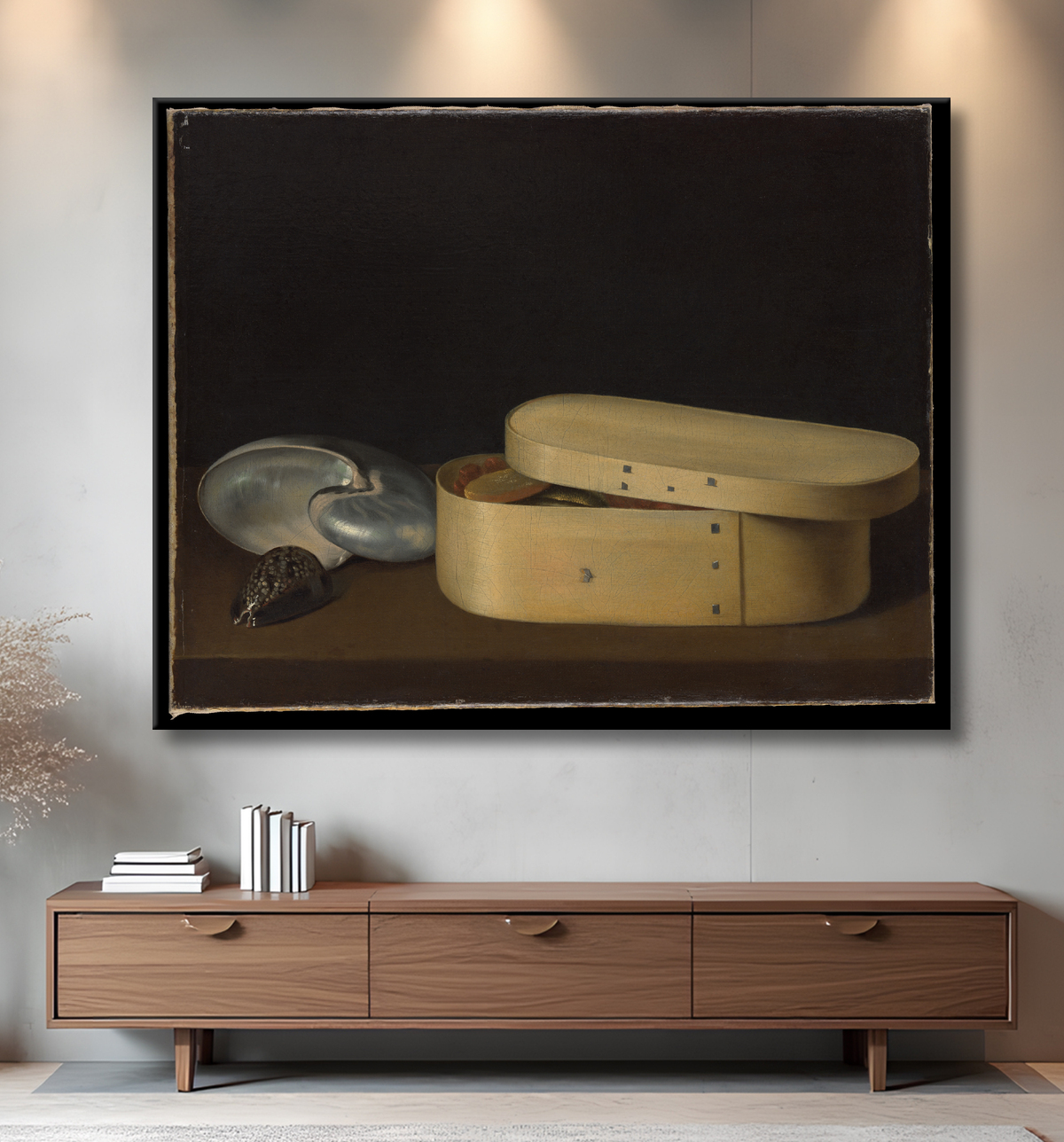Reproduction Nature morte aux coquillages et boîte en copeaux de bois de Sebastian Stoskopff avec decor