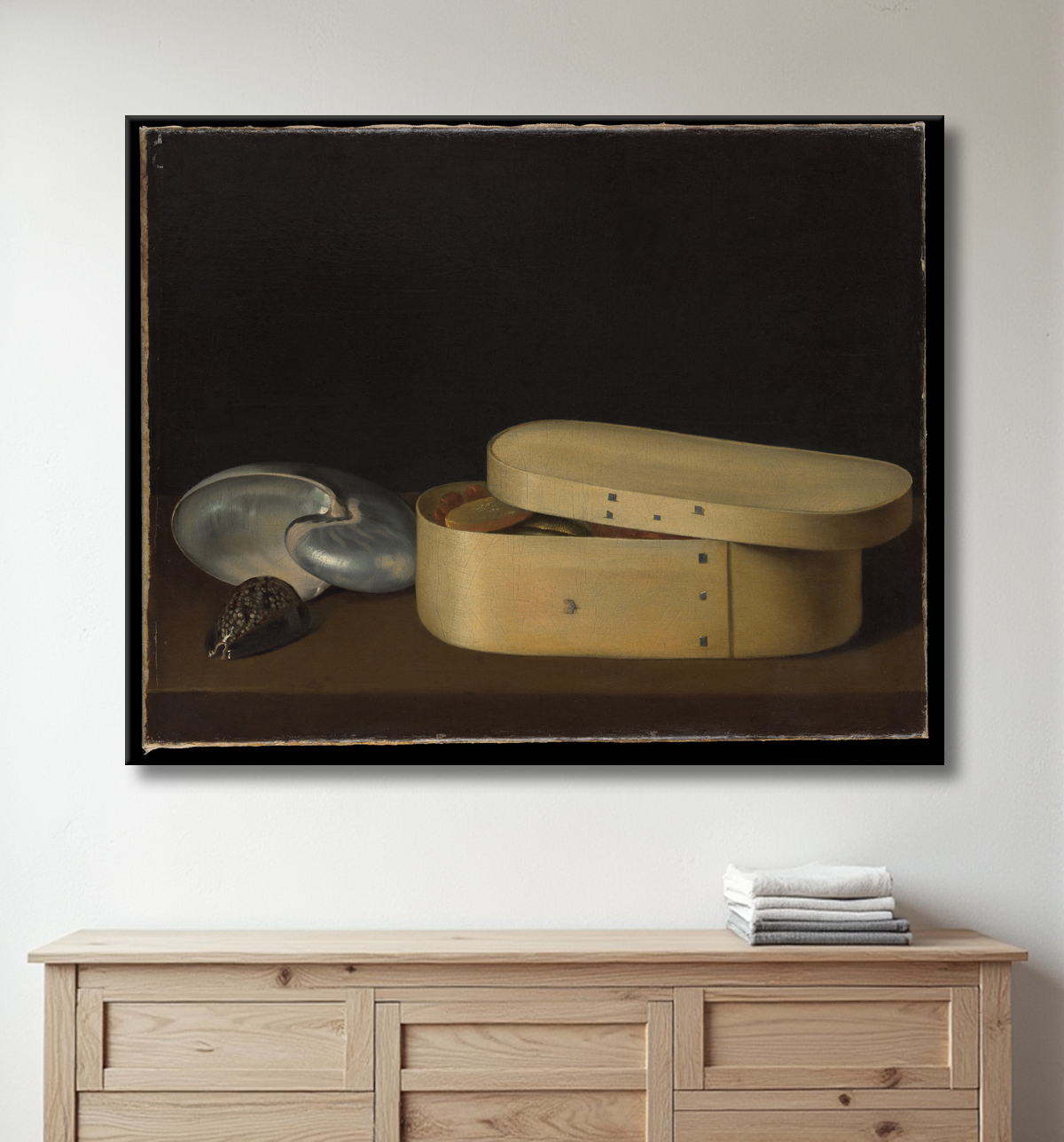 Reproduction Nature morte aux coquillages et boîte en copeaux de bois de Sebastian Stoskopff avec decor