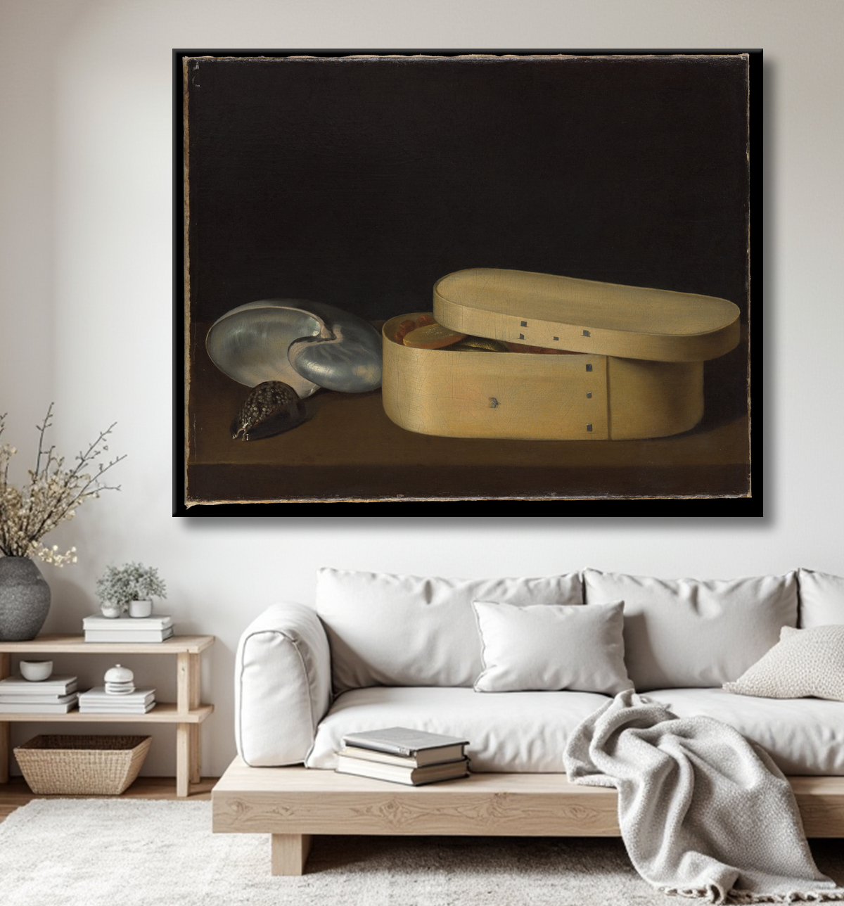 Reproduction Nature morte aux coquillages et boîte en copeaux de bois de Sebastian Stoskopff avec decor