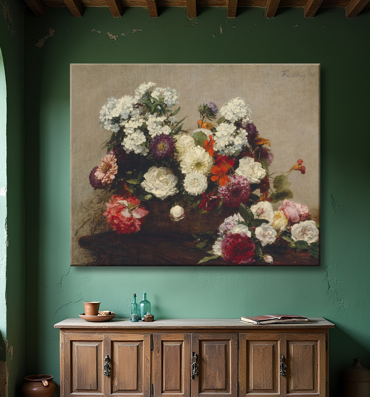 Reproduction Nature morte aux fleurs de Henri Fantin-Latour avec decor