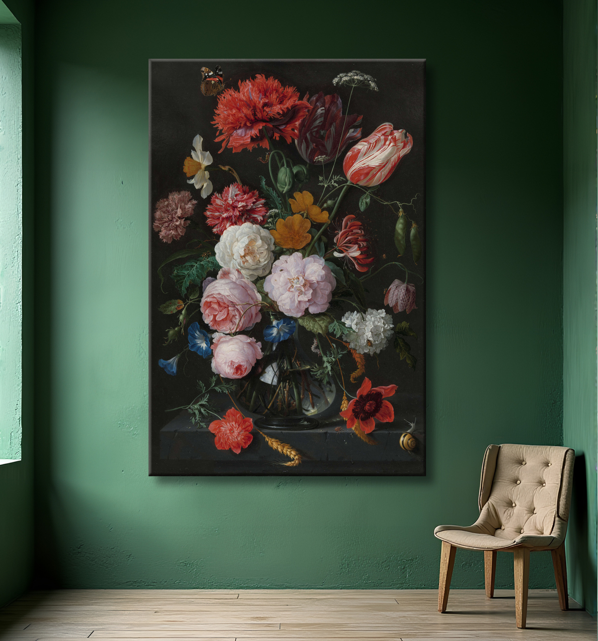 Reproduction Nature morte aux fleurs dans un vase en verre de Jan Davidsz. de Heem avec decor