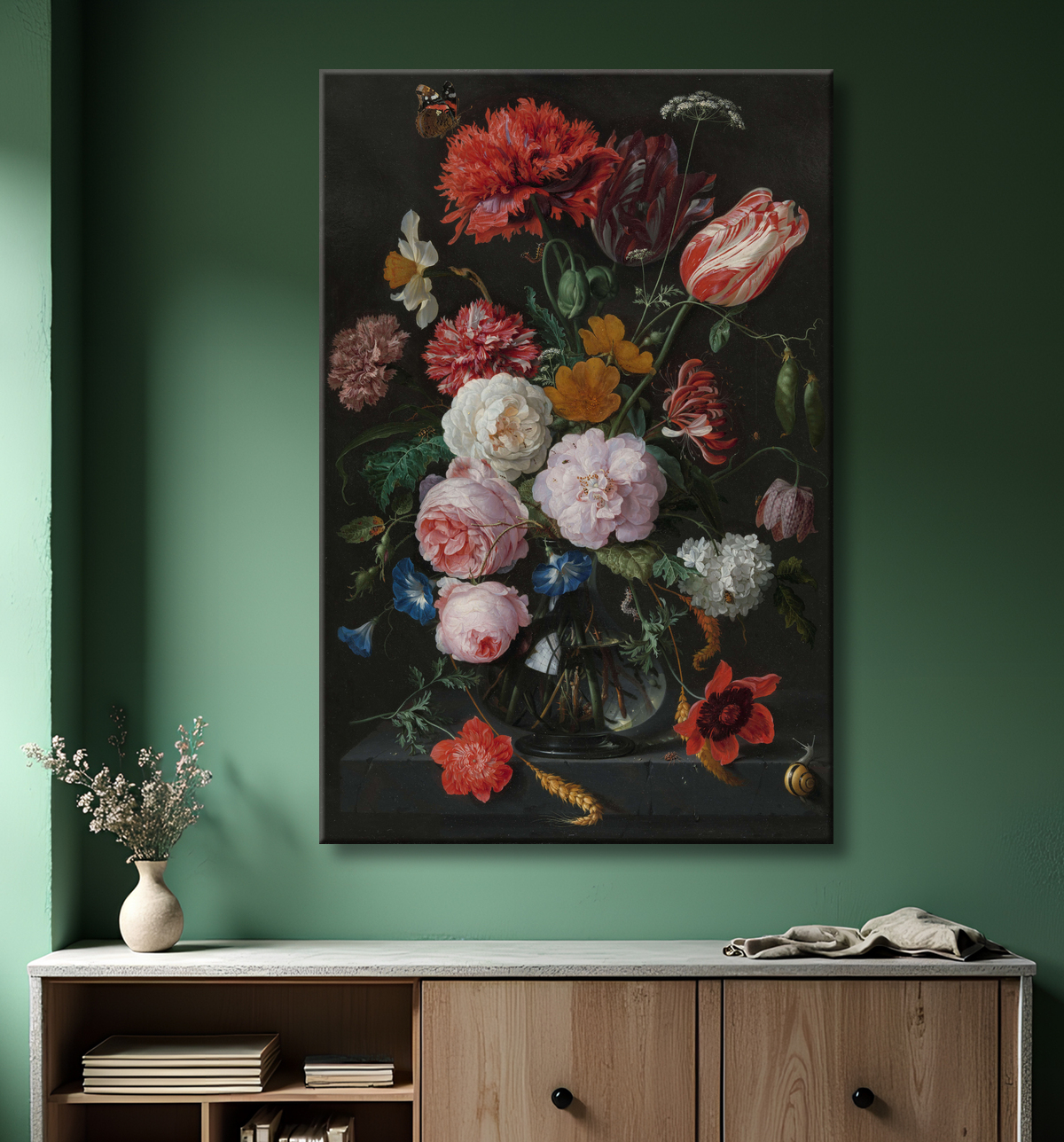 Reproduction Nature morte aux fleurs dans un vase en verre de Jan Davidsz. de Heem avec decor