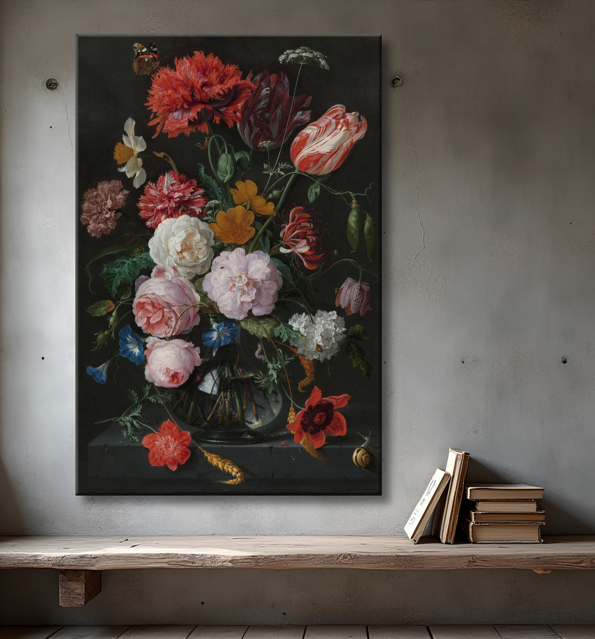 Reproduction Nature morte aux fleurs dans un vase en verre de Jan Davidsz. de Heem avec decor