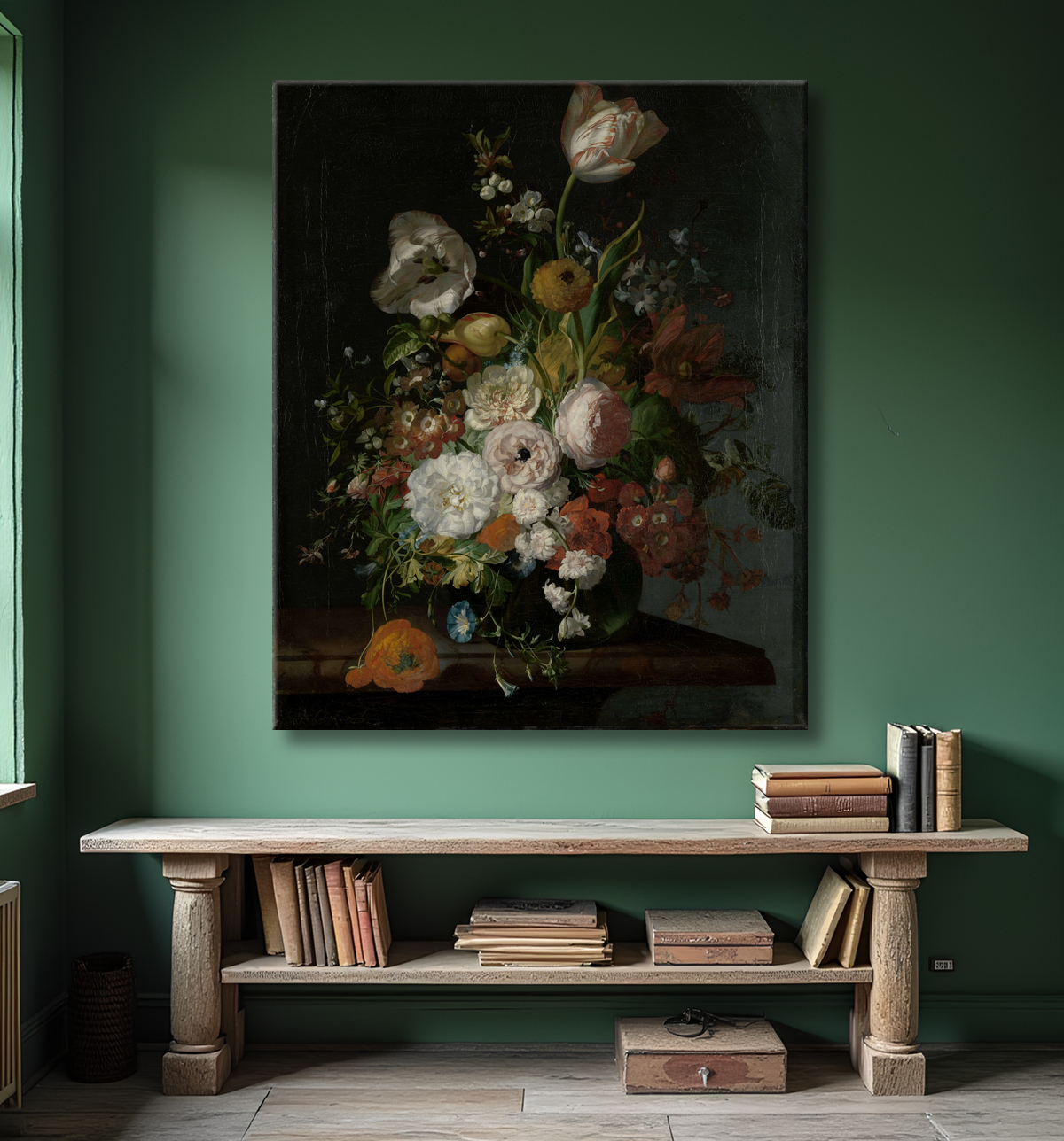 Reproduction Nature morte aux fleurs dans un vase en verre de Rachel Ruysch avec decor