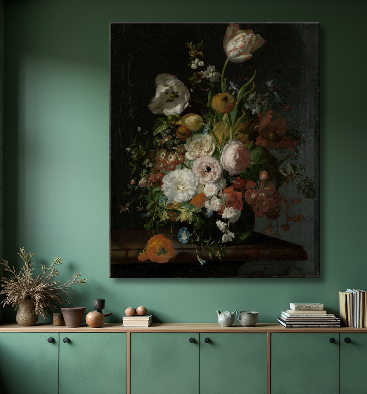 Reproduction Nature morte aux fleurs dans un vase en verre de Rachel Ruysch avec decor