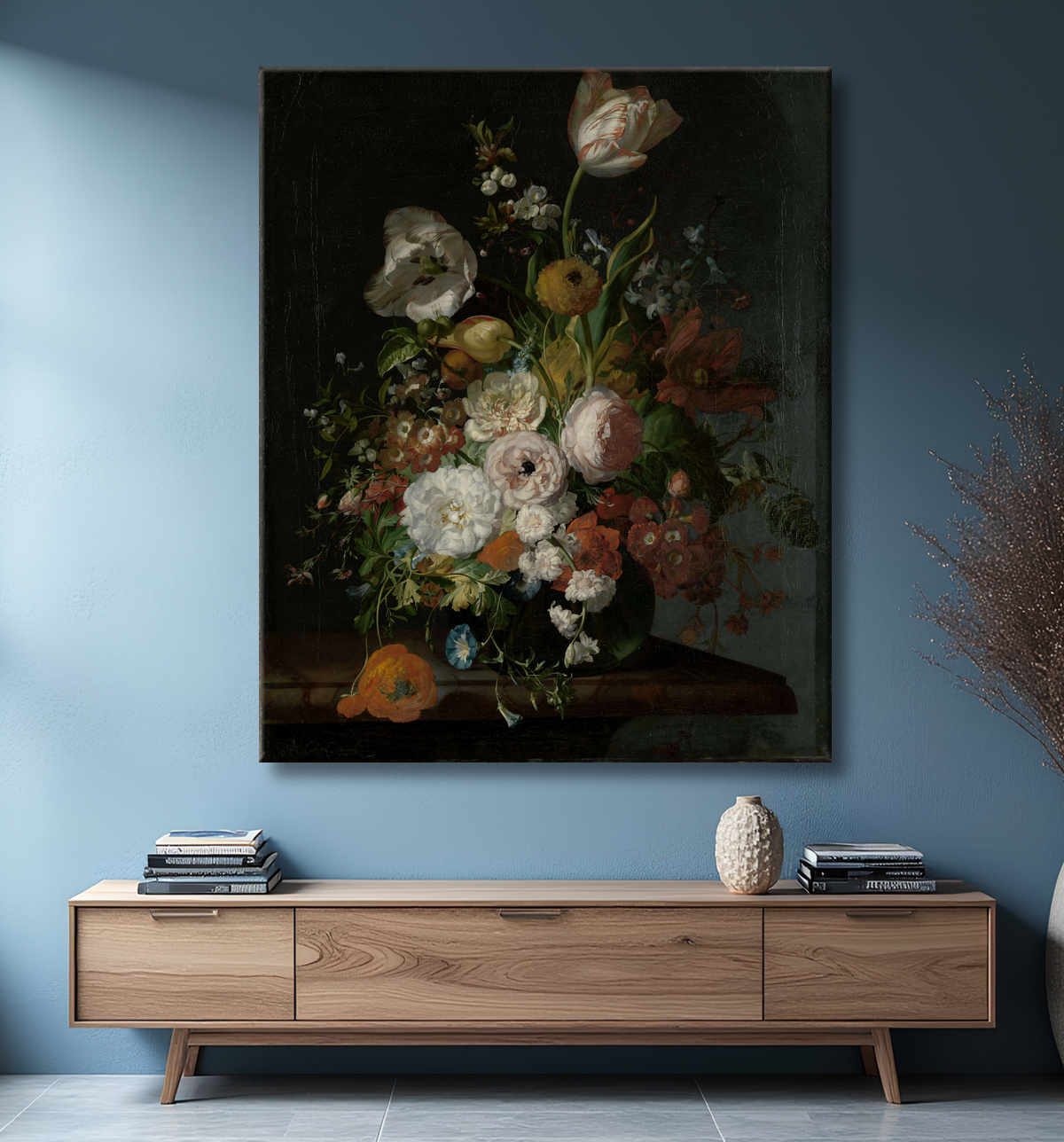 Reproduction Nature morte aux fleurs dans un vase en verre de Rachel Ruysch avec decor