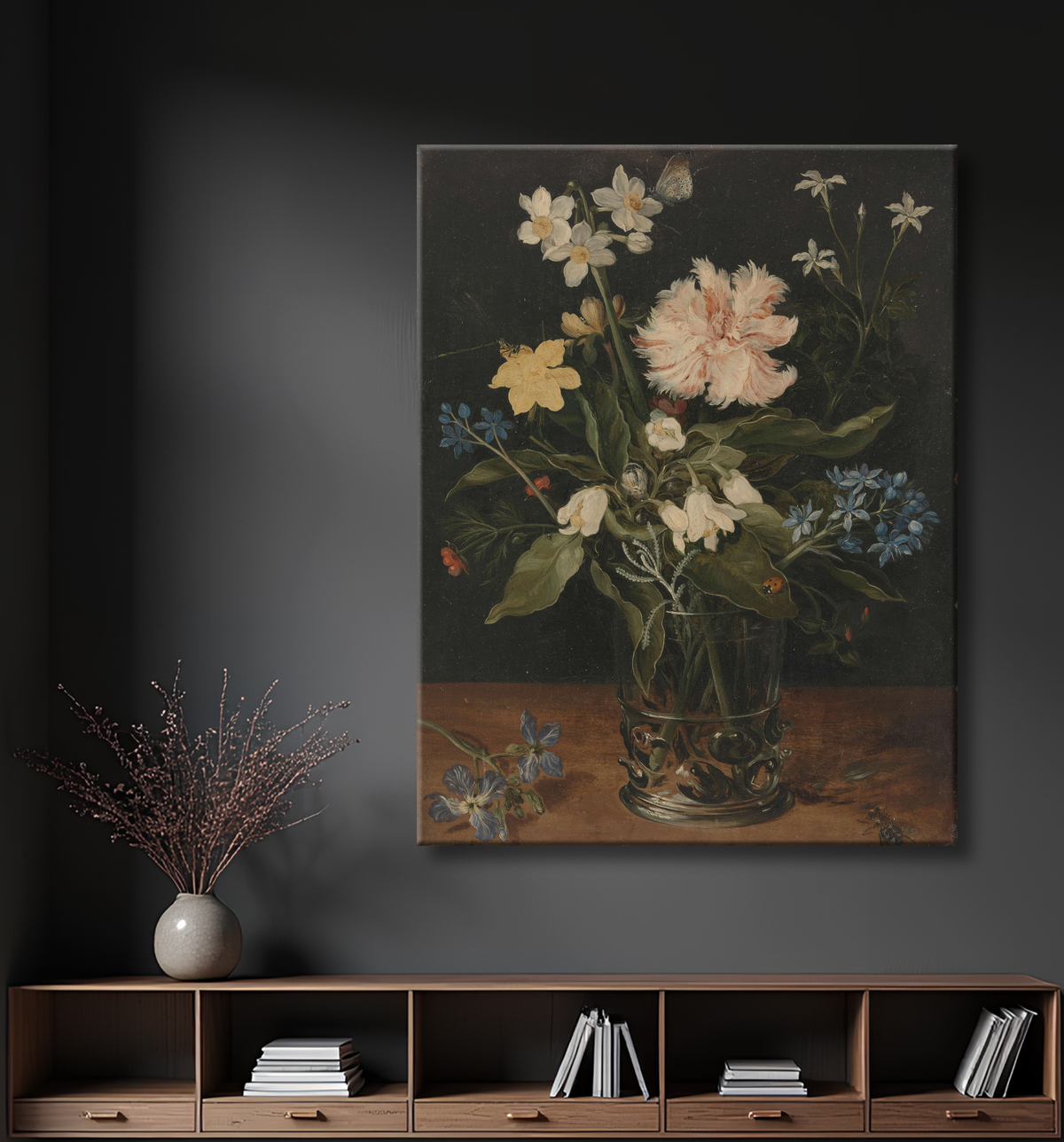 Reproduction Nature morte aux fleurs dans un verre de Jan Brueghel (I) avec decor