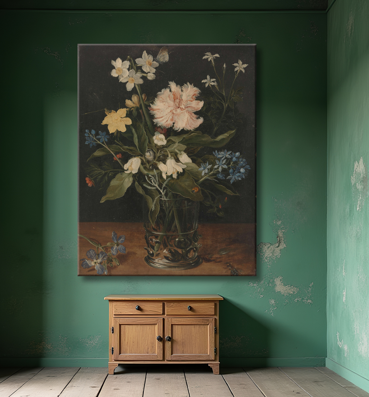 Reproduction Nature morte aux fleurs dans un verre de Jan Brueghel (I) avec decor
