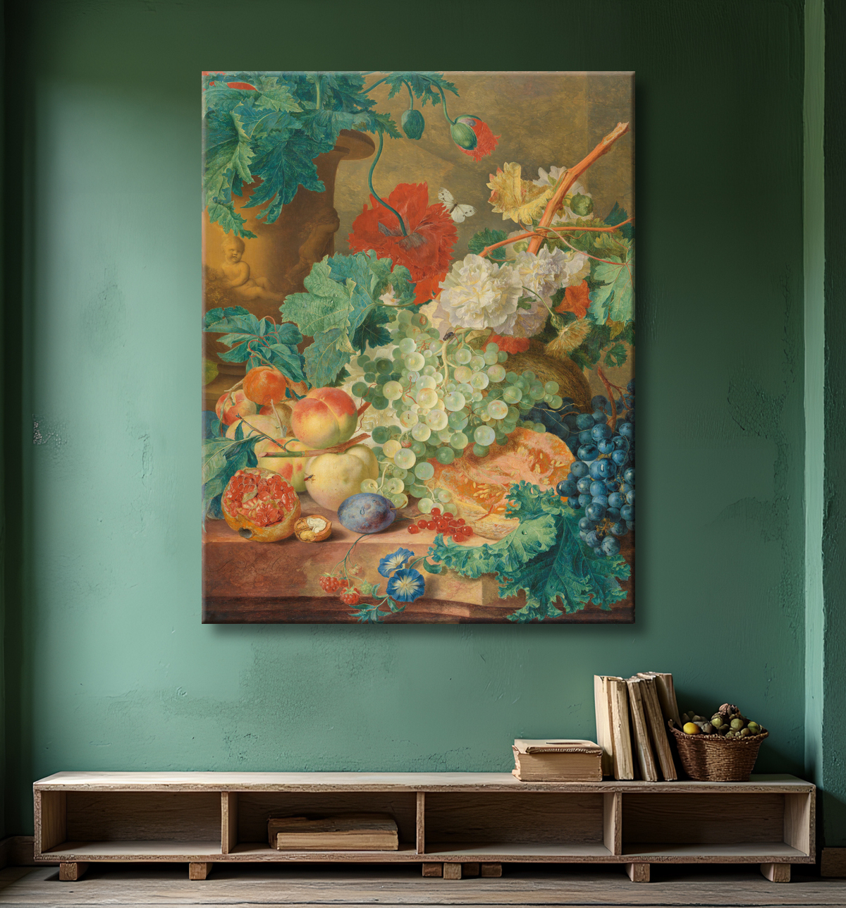 Reproduction Nature morte aux fleurs et aux fruits de Jan van Huysum avec decor