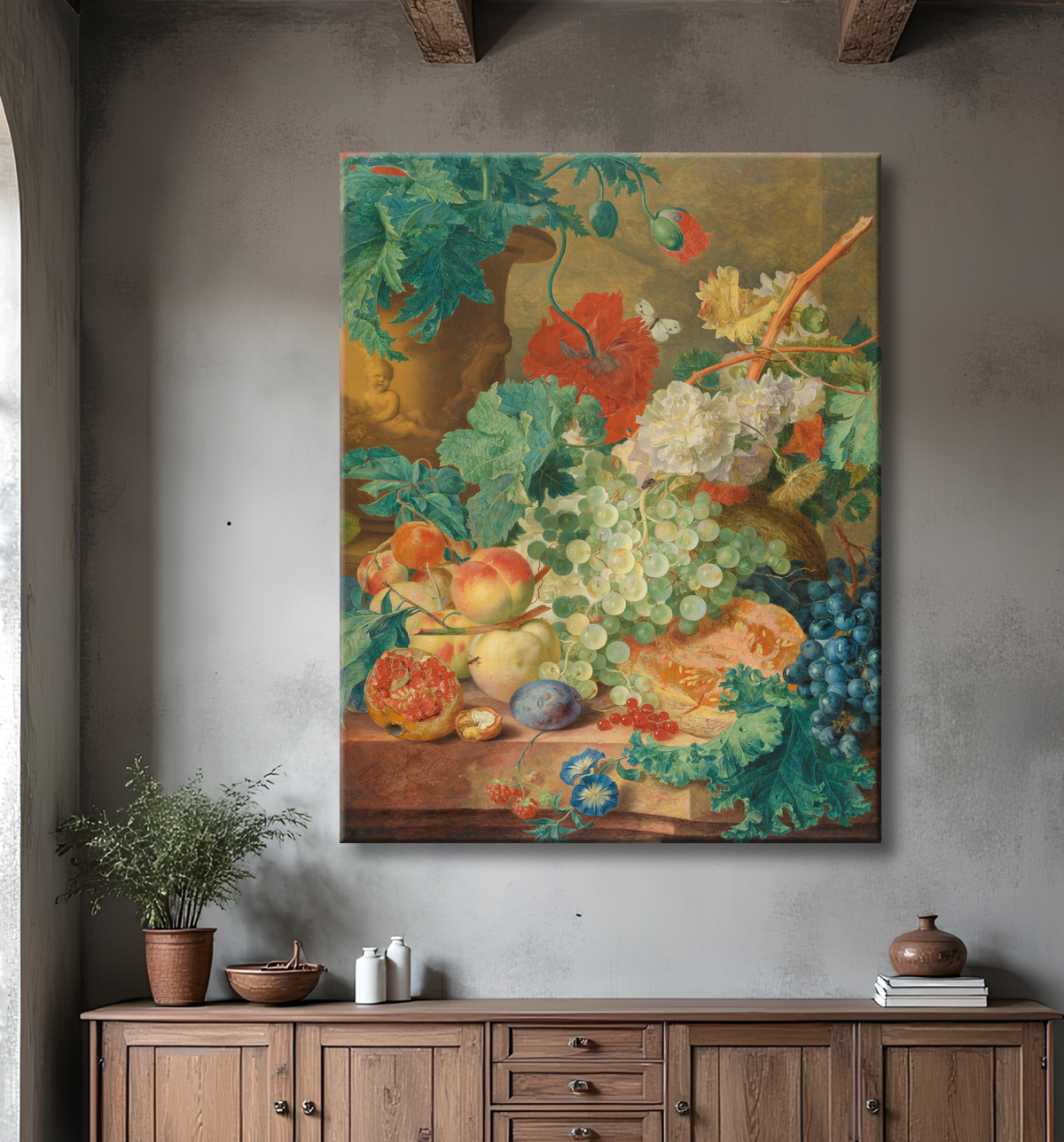 Reproduction Nature morte aux fleurs et aux fruits de Jan van Huysum avec decor