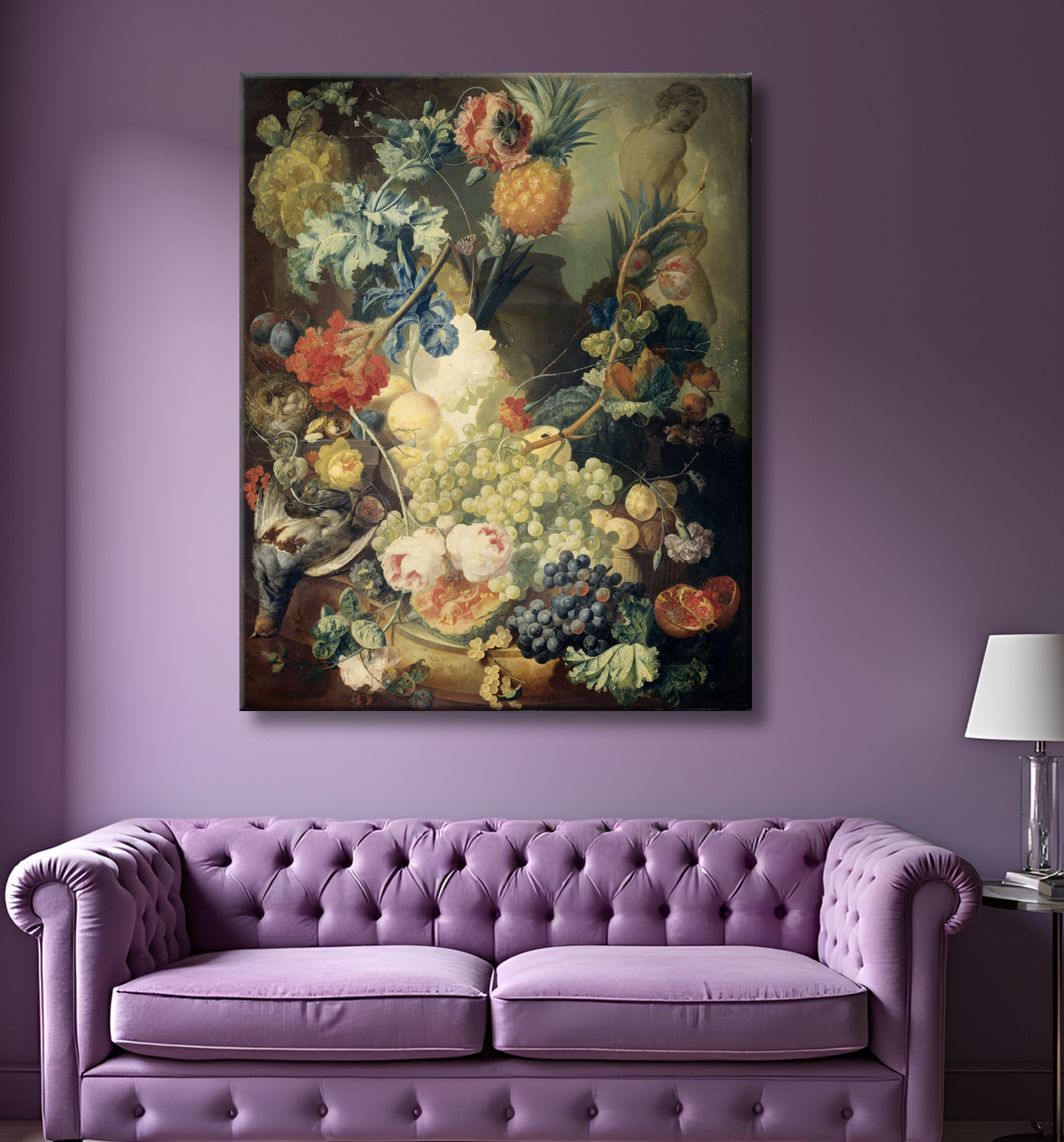 Reproduction Nature morte aux fleurs, fruits et oiseaux de Jan van Os avec decor