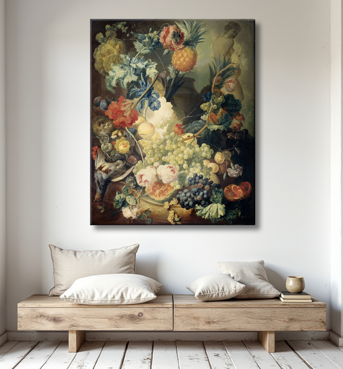 Reproduction Nature morte aux fleurs, fruits et oiseaux de Jan van Os avec decor
