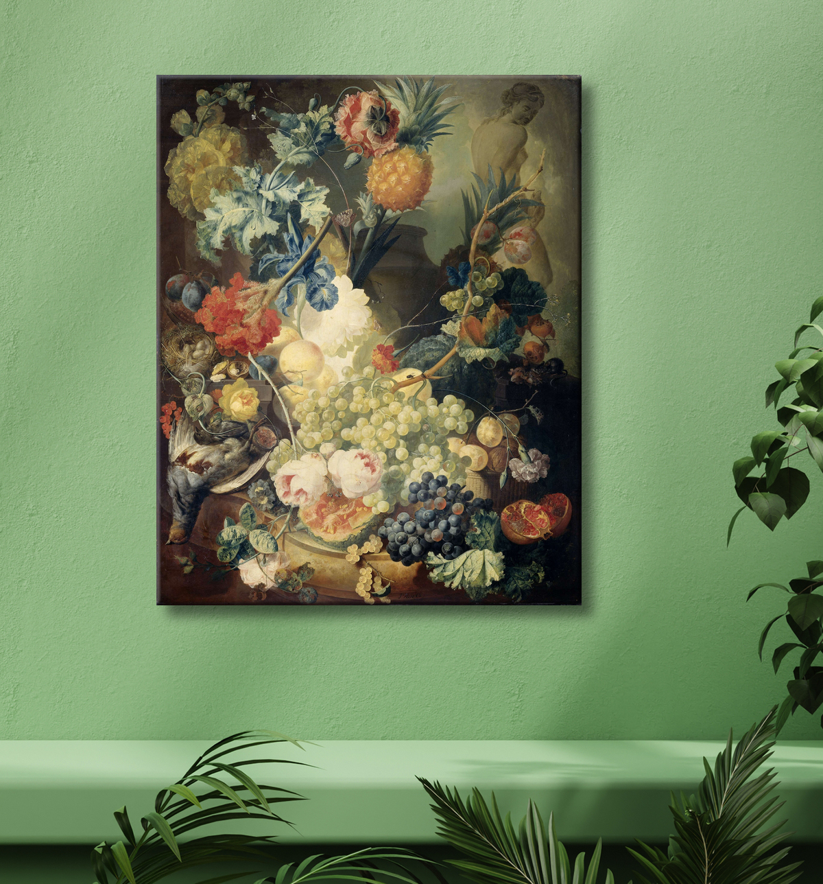 Reproduction Nature morte aux fleurs, fruits et oiseaux de Jan van Os avec decor