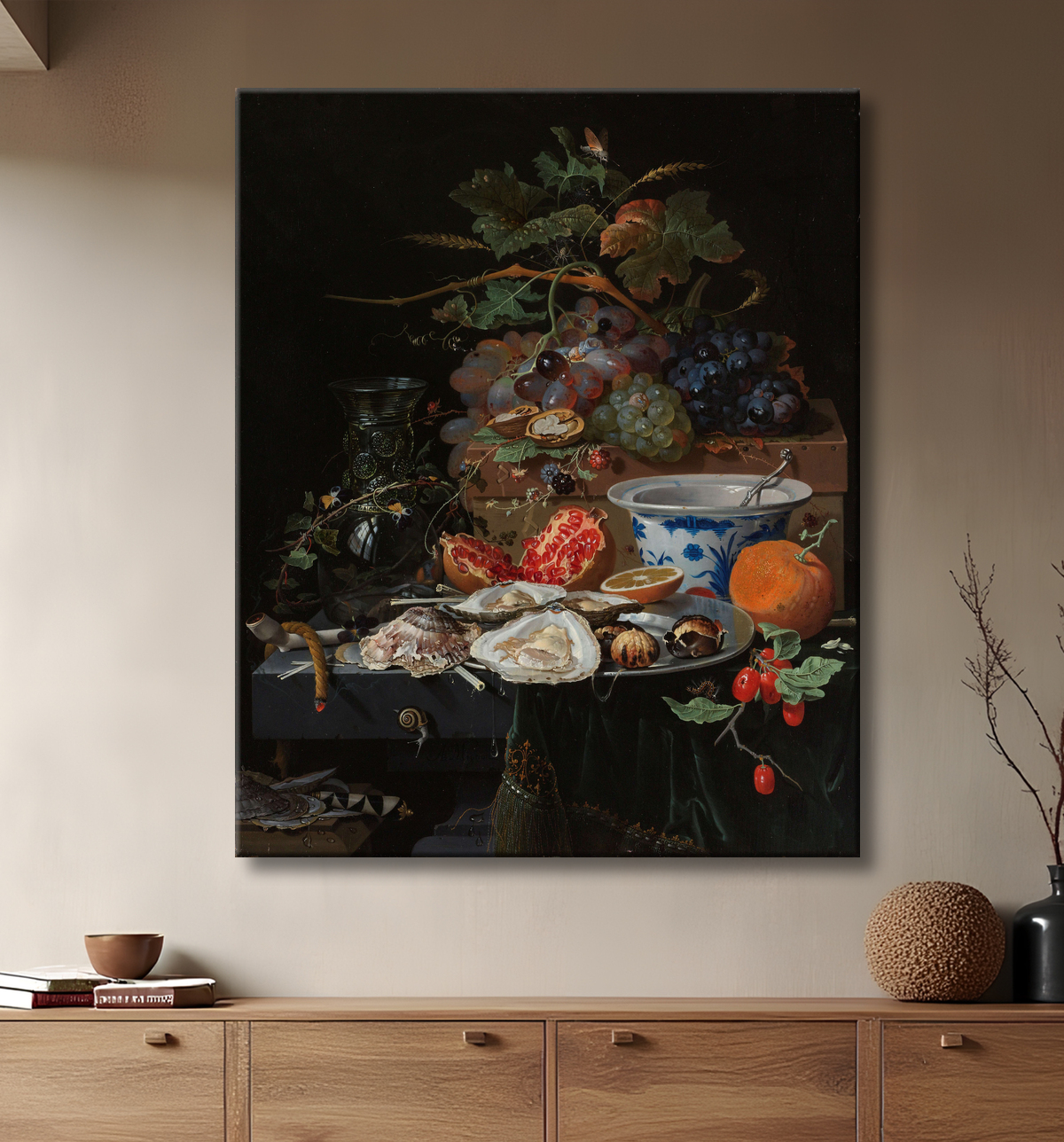 Reproduction Nature morte aux fruits, aux huîtres et au bol en porcelaine de Abraham Mignon avec decor
